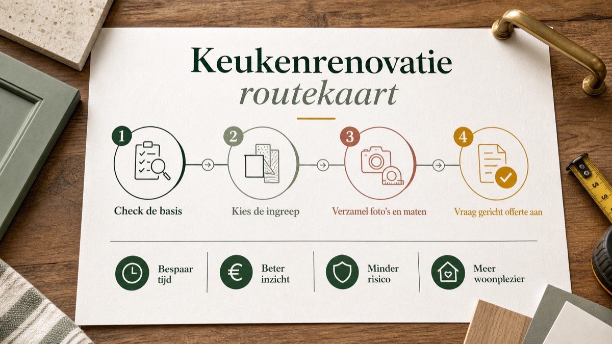 Infographic Keukenrenovatie routekaart met vier stappen van basischeck tot offerte